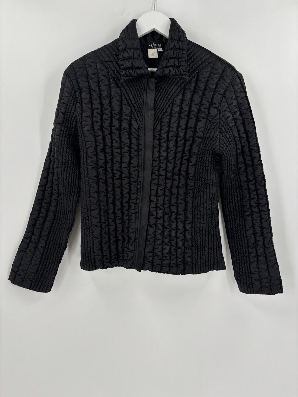 UBU Ruched Pleated Y2K Jacket Crinkle Avant Garde Womens Large Black Zip Up